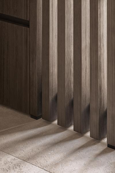 marmer inrichting project vijf natuursteen gezandstraalde lariks lamellen