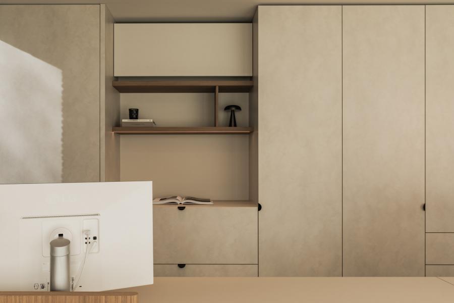 natuursteen, bureau, kantoor inrichting, notelaar fineer