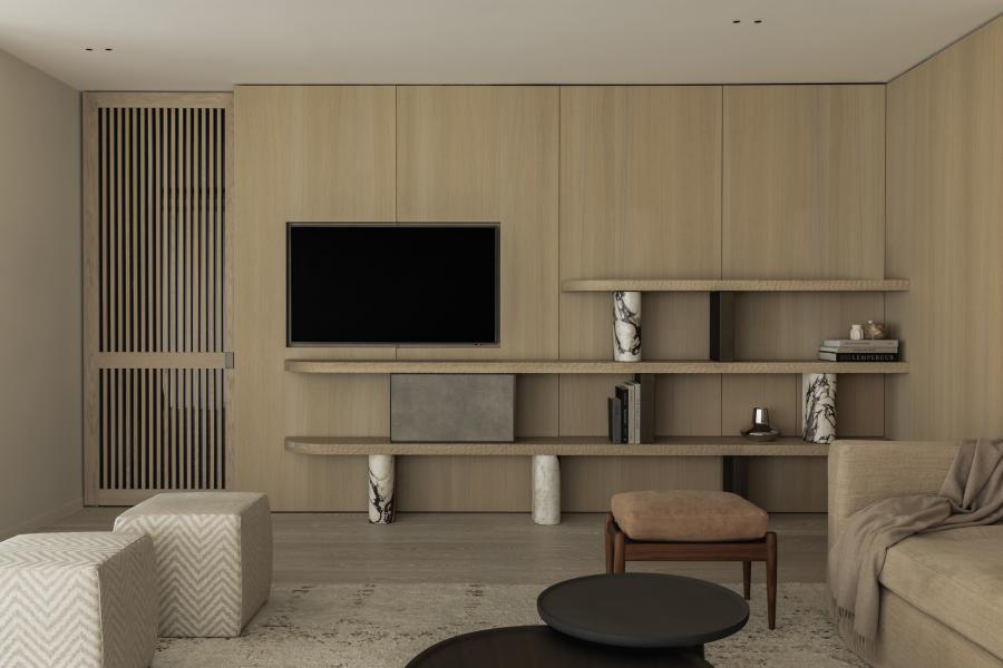 marmer eik fineer steel look inrichting appartement gewolkt glas structuurglas figuurglas keramiek