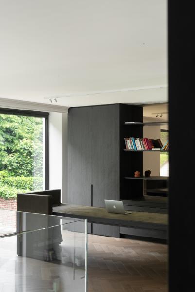 bureau, leder, donker eik fineer