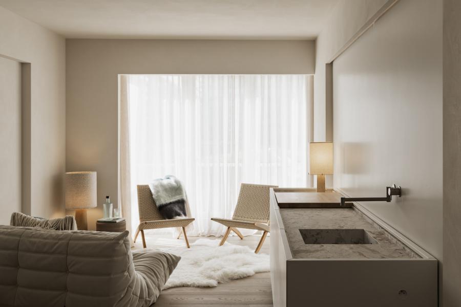 appartement, leefruimte, keuken dressoir