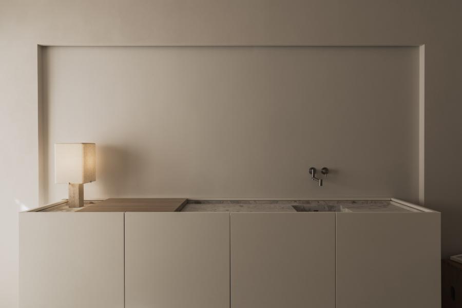 appartement, leefruimte, keuken dressoir