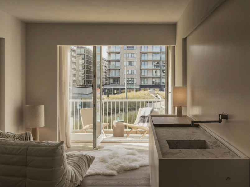 appartement, leefruimte, keuken dressoir, natuursteen